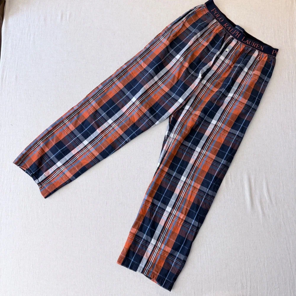 Polo Ralph Lauren Mens Orange Navy‎ Blue Plaid Cotton Sleepwear Pajama Pants Med